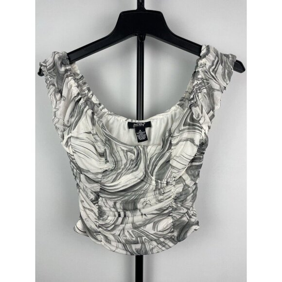 Just Polly White Gray Marble Mesh Ruched Side Seam Crop Top Size‎ M - Picture 1 of 5